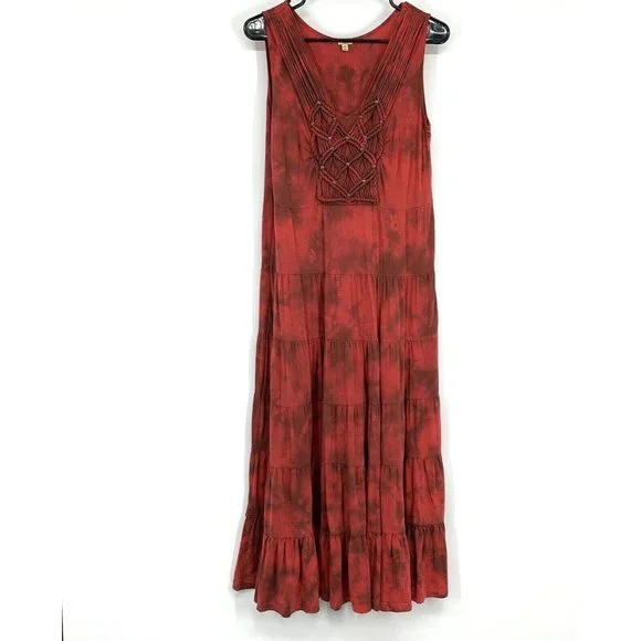 Reba Dress Red Tie Dye V Neck Sleeveless Midi Tiered Ruffle Boho - Picture 1 of 8